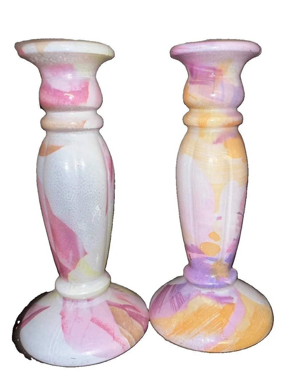 Decorated Glass Candle Holder PAIR 9 inch Pink Yellow Abstract